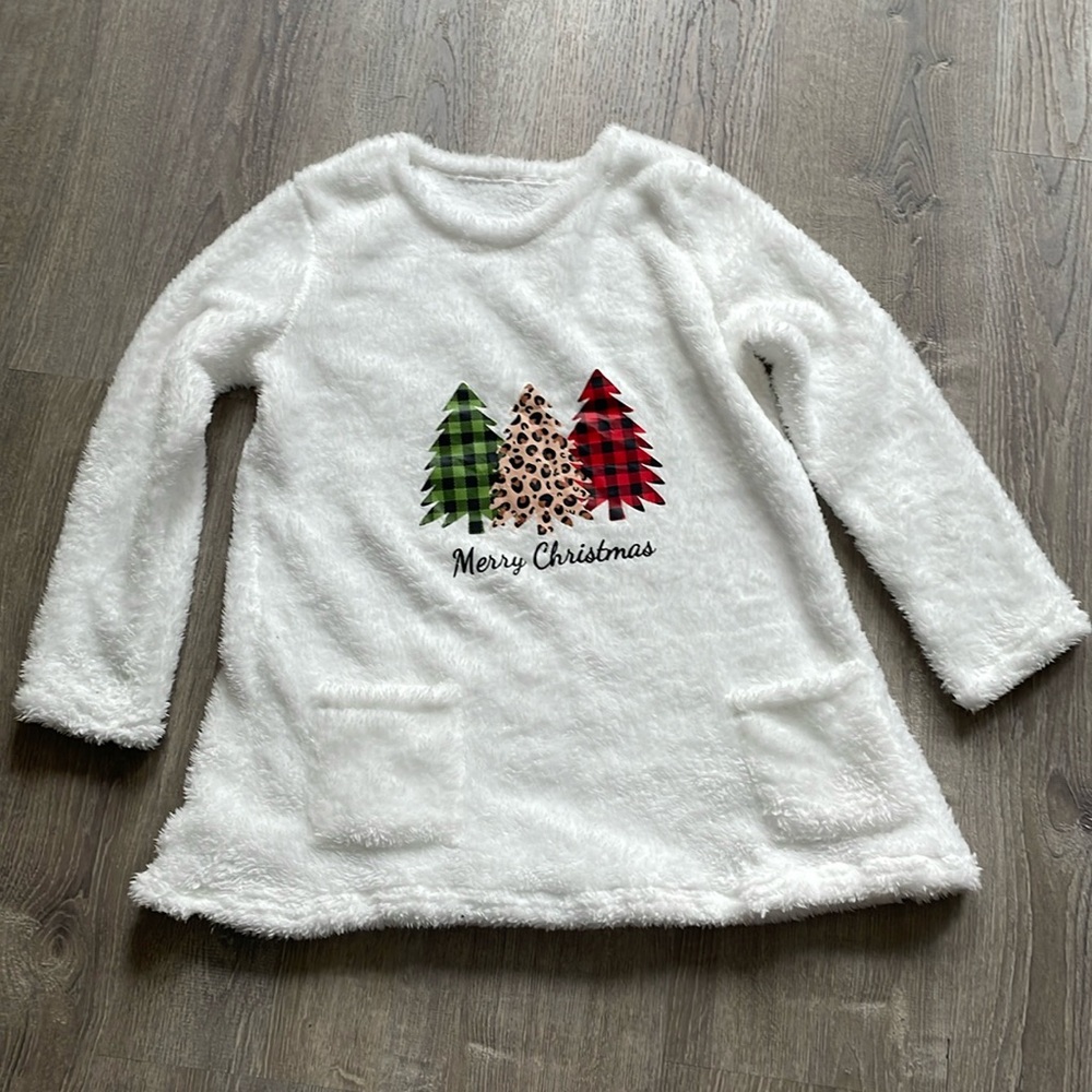Fuzzy Merry Christmas trees long sleeve sweater shirt Oversized